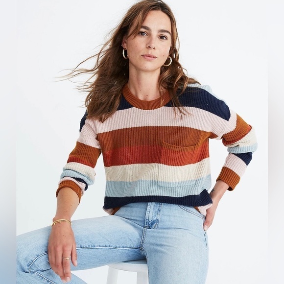 Madewell Thompson Pocket Pullover Sweater in Rainbow Stripe - Picture 1 of 7